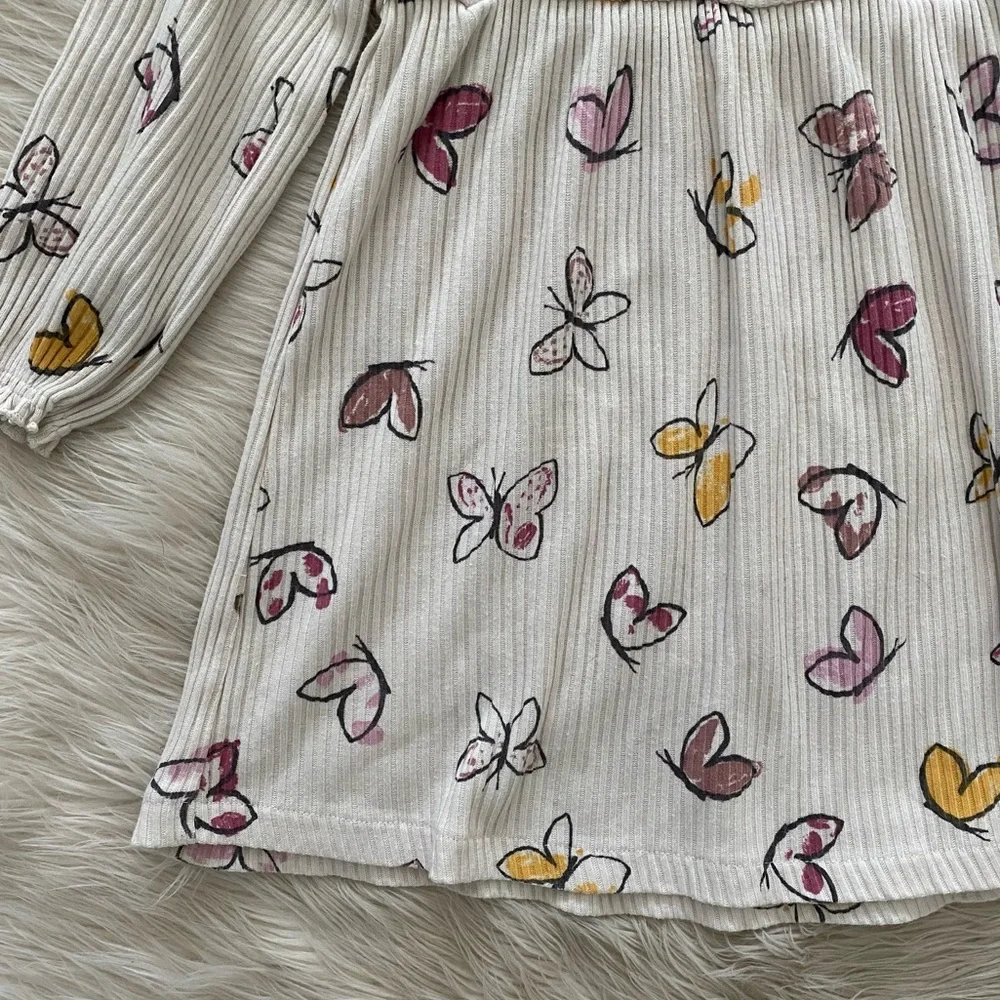 Zara Girl Cream Gray Ribbed Pink Butterfly Button Front Long Sleeve Dress